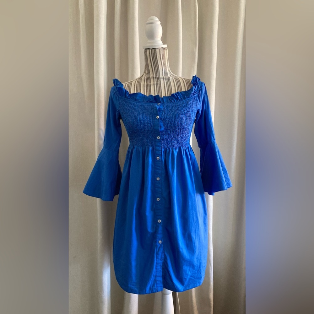 Mango Bardot ruffles blue shirt smocked off shoulder dress